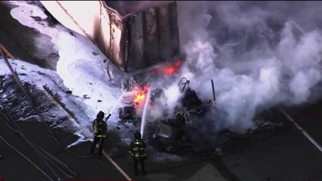 Tesla semi-truck on fire on I-880 in Hayward, causing traffic delays